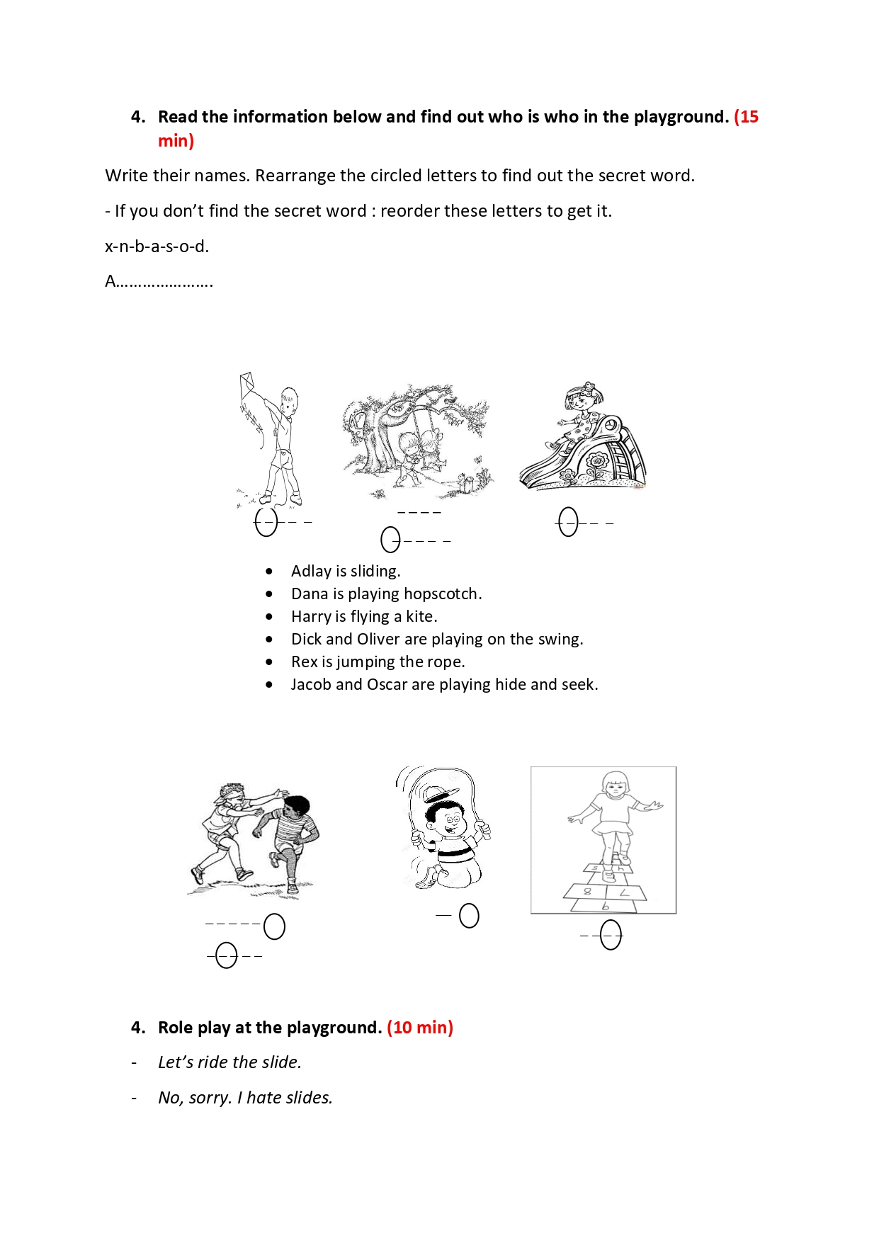 Fiche d'activité : devinette « Qui est qui dans le terrain de jeux » avec dessins à légender et mot secret à retrouver